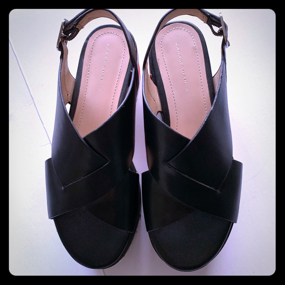 Zara Crossover Platform Wedges Black Red & White